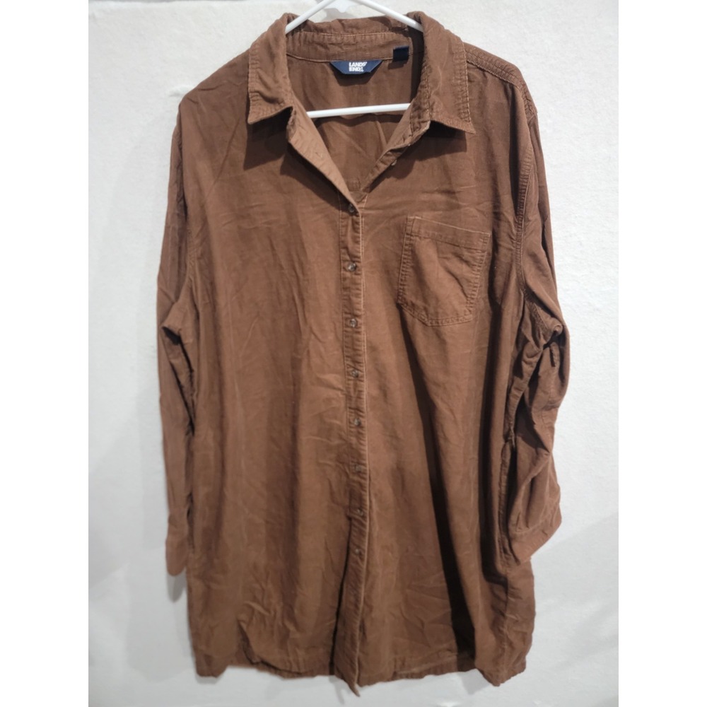 Lands' End XXL Brown Corduroy Button Up Shirt Tunic Dress‎ Pocket Long Sleeve